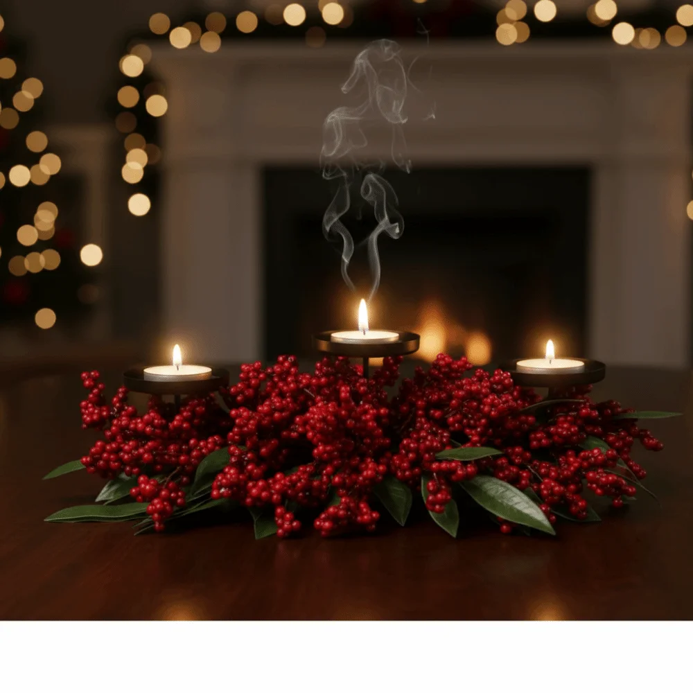 Artificial Berry Wreath Three Legged Candle Holder Wrought Iron Stable Base Wreath Candlestick Centerpiece Red Simulated