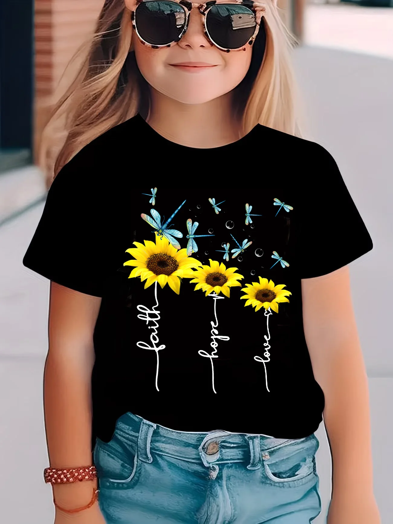

T-Shirt Fashion faith hope love butterfly Printed T Shirt Girls' Summer casual Short Sleeve Tops T-Shirts Cute kids Clothing