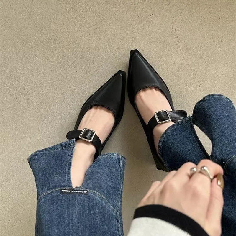 *Fashion Mary Jane Shoes Women's Spring and Autumn New Line Belt Buckle Medium Heel Small Leather Shoes To Wear view 3