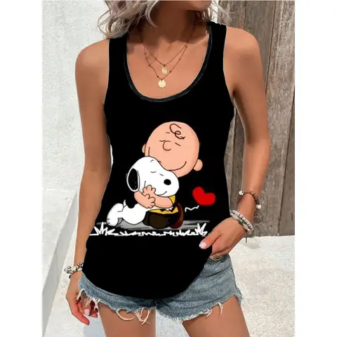 Sommar Plus Size Damlinne Snoopy Mönstrad Linne med Axelband Lös Elastisk Band Ärmlös Linne Ärmlös Topp 12 best sales Snoopy Zara - №2