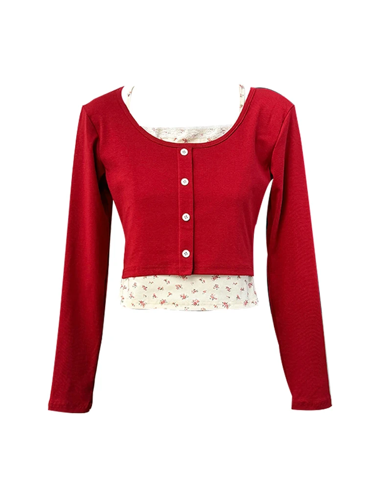 Patchwork Long Sleeved Floral T-shirt For Women 2024 Autumn New Slimming Short Tops Chic Simple Pullover Ladies Clothing