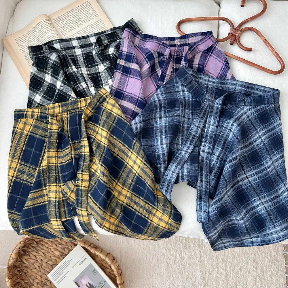 Casual Unisex Irregular Plaid Skirt Bow-Knot Elastic Waist Shirt Style Blue White Lattice Mini A-Line Shortskirt