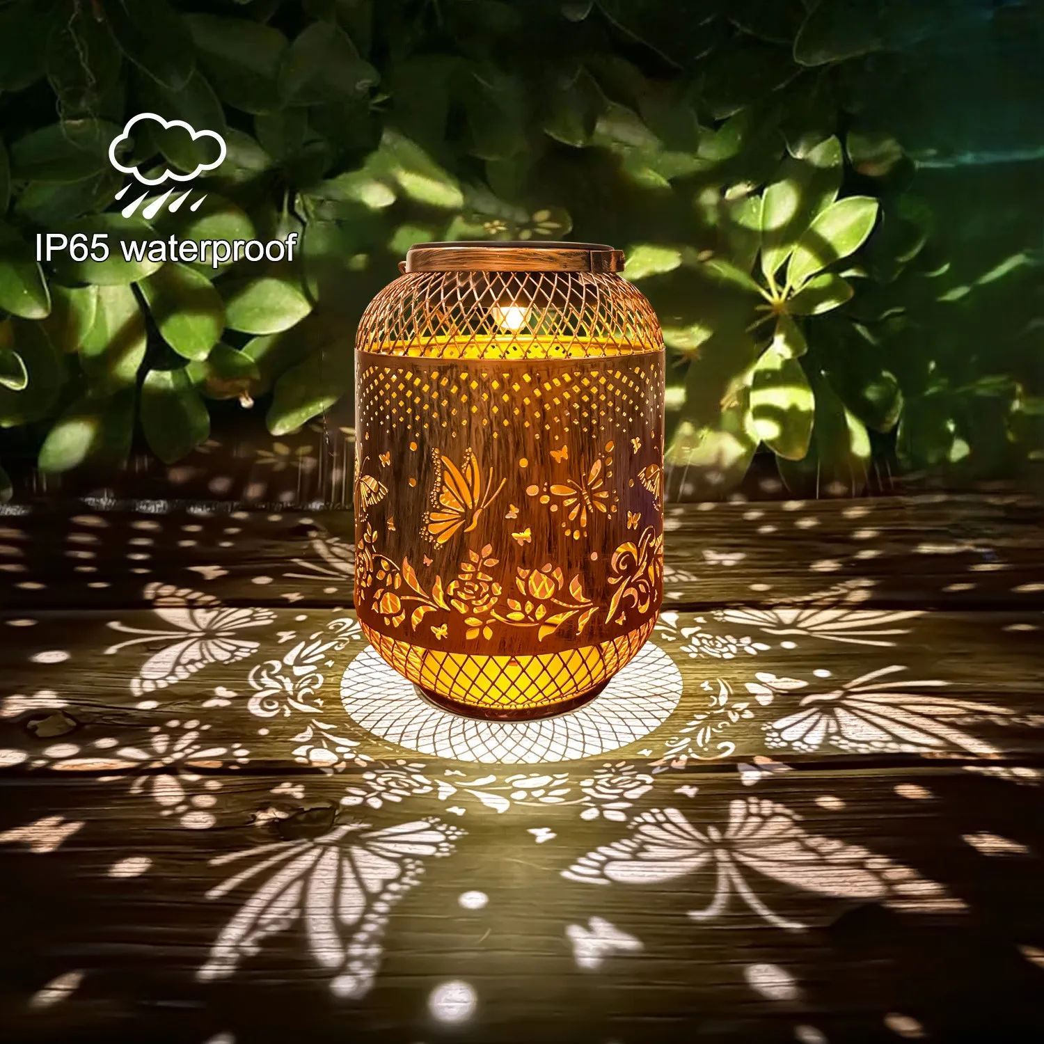 

Solar powered night light, outdoor waterproof courtyard light, lawn garden balcony hollow iron projection light, butterfly lante