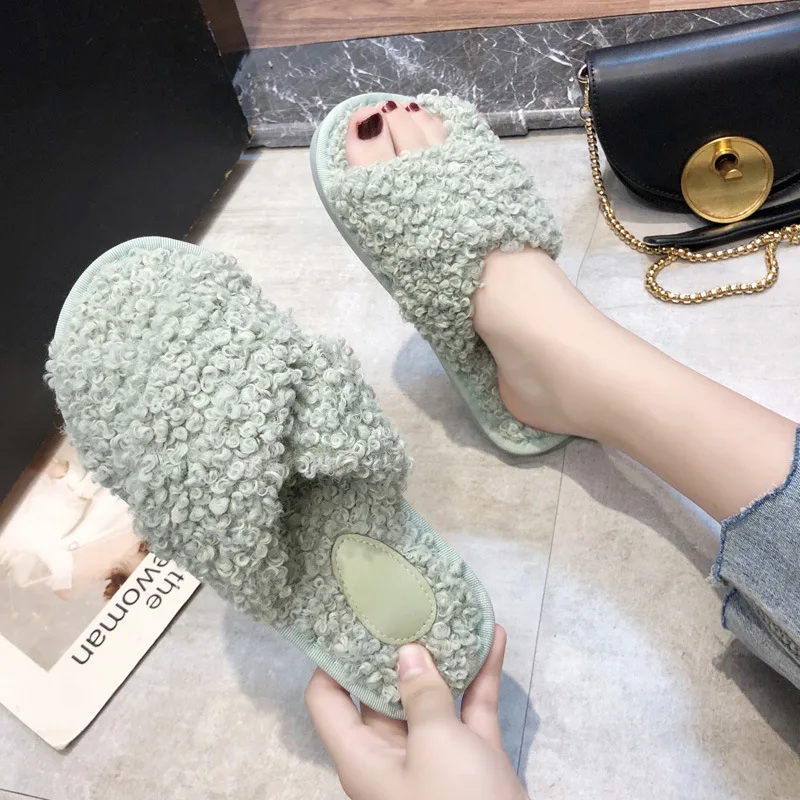 Cross Band Home Fur Slides Ladies Curly/straightly Femmes Pantufles Mixed Colors Comfy Indoor Fluffy Slippers Sexy