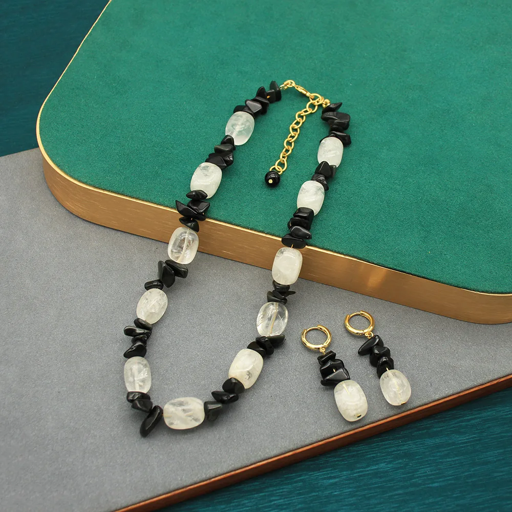 

Белое кристаллическое граненое большое ожерелье из бисера с обсидианом на ключице, ожерелье из натурального камня ручной работы из бисера