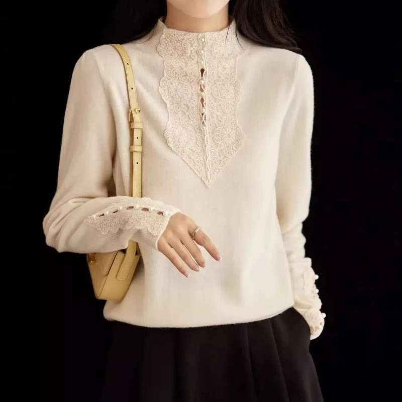 Spring Autumn New Round Neck Long Sleeve Sweater Women High Street Lace Hollow Out Pullovers Elegant Embroidered Flares Tops