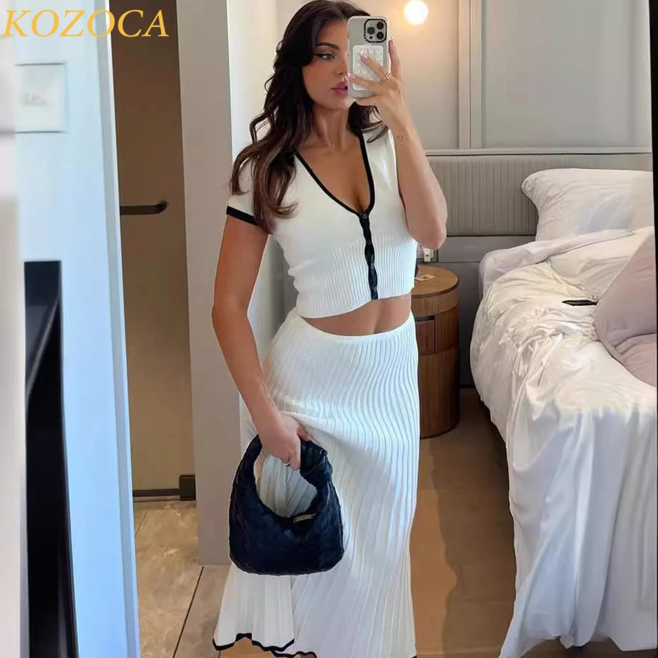 Kozoca 2 Pieces Sets Women Knit Crop Tops and Pleated Skirts Outfits Matching Sets Casual Knitwear Slim Fit Female Dress Outfits