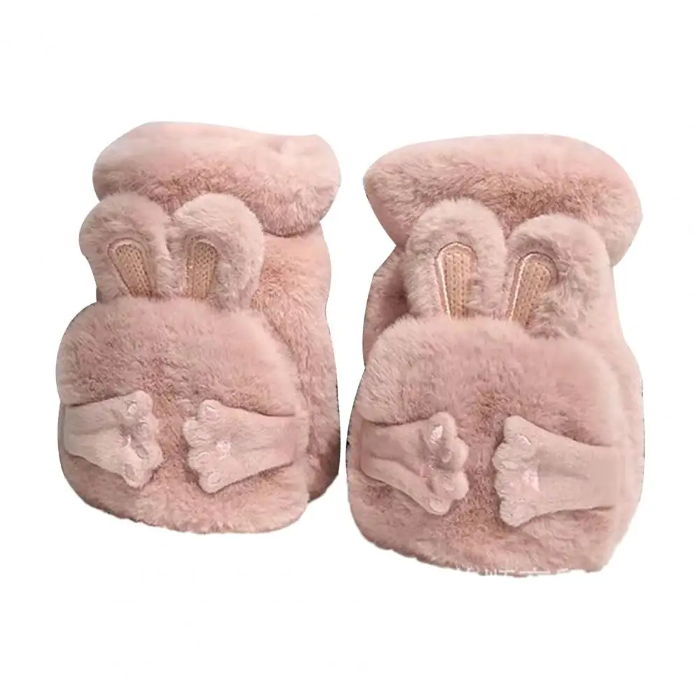 

1 Pair of Flap Gloves Rabbit Ear Design Thickened Warm Soft Plush Cute Versatile Half-Finger Cartoon Gloves for Girls