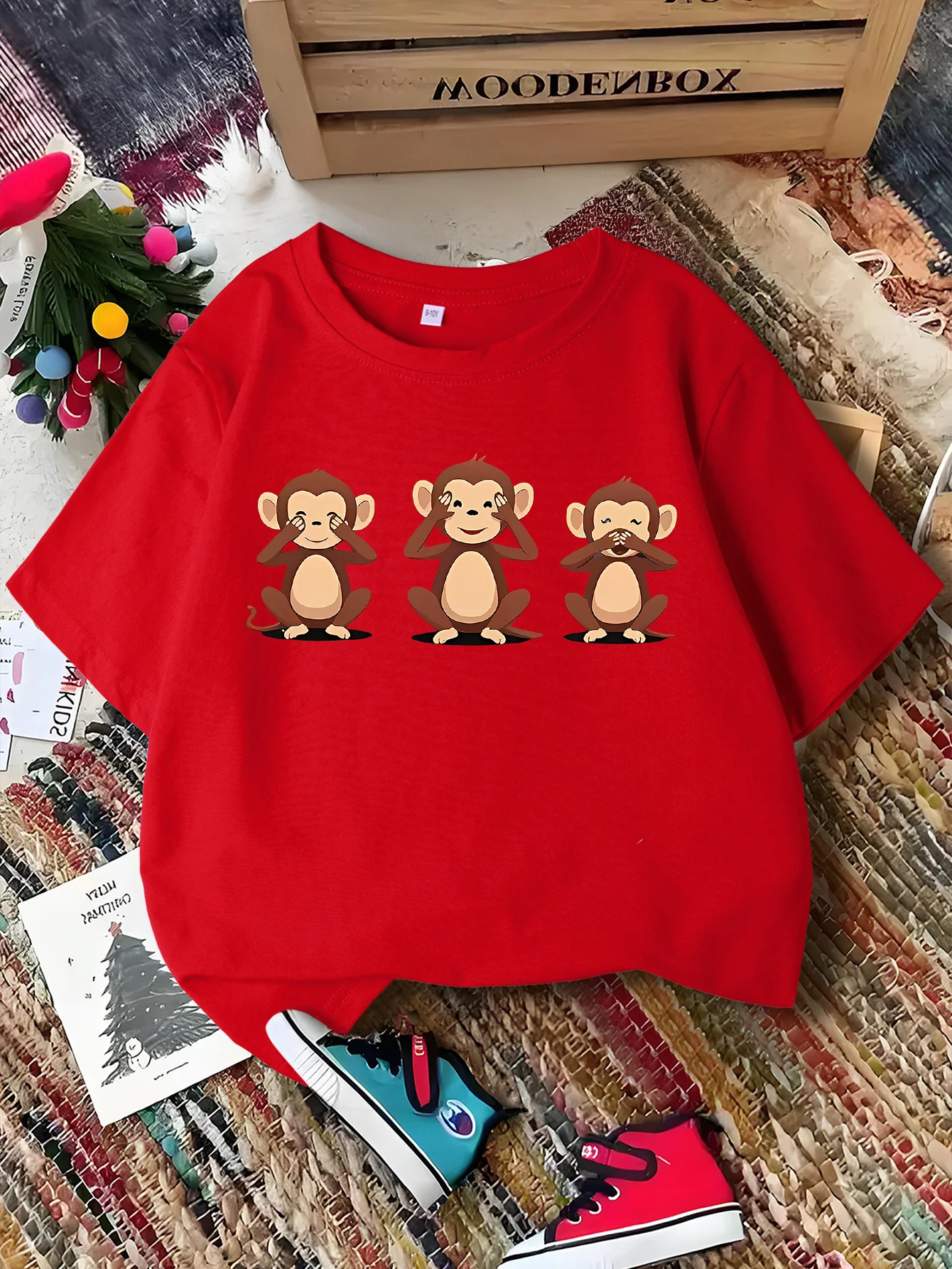 Cute Three Wise Monkeys Cartoon Print Graphic Kids Tee Boys Girls Family Matching Cotton Crew Neck Short Sleeve Soft Summer Tee