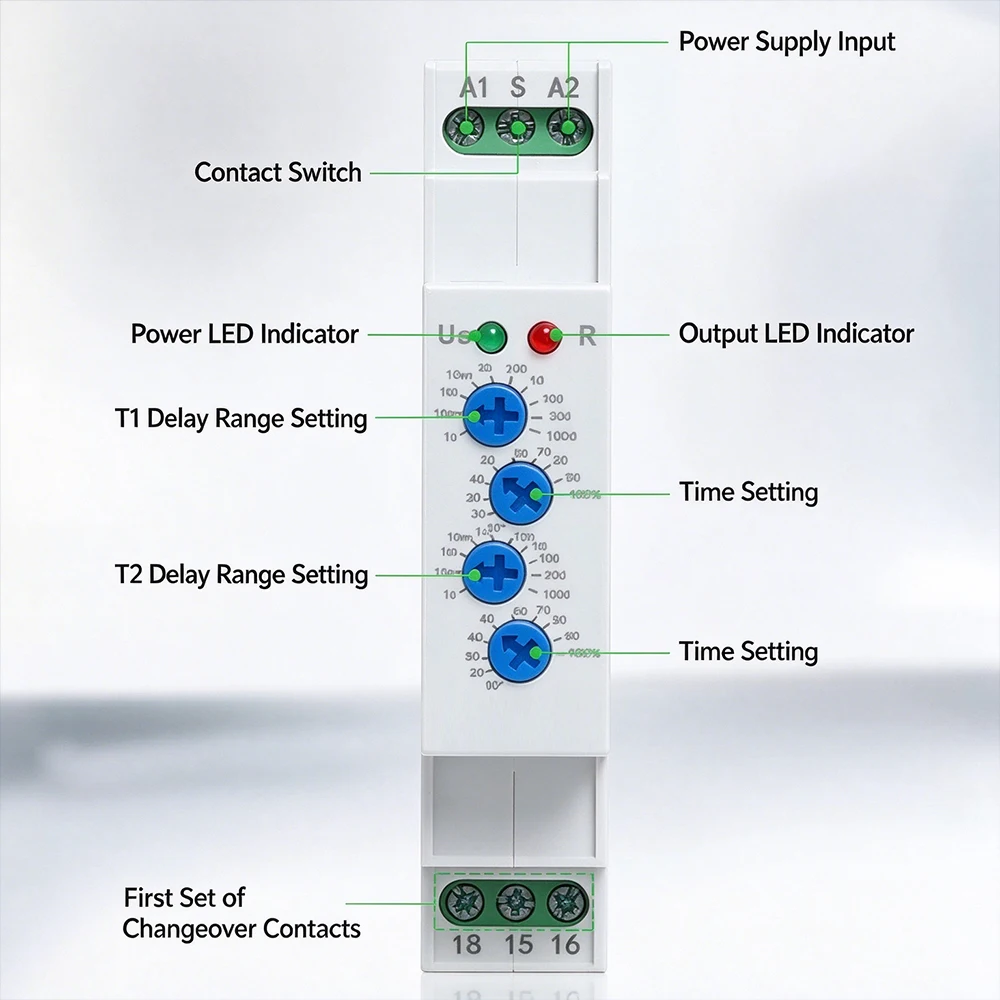 FT09 Multifunction DIN Rail Time Delay Relay, AC220V, On-Delay, Off-Delay & Cycle Timing Modes, Adjustable Automation Controller