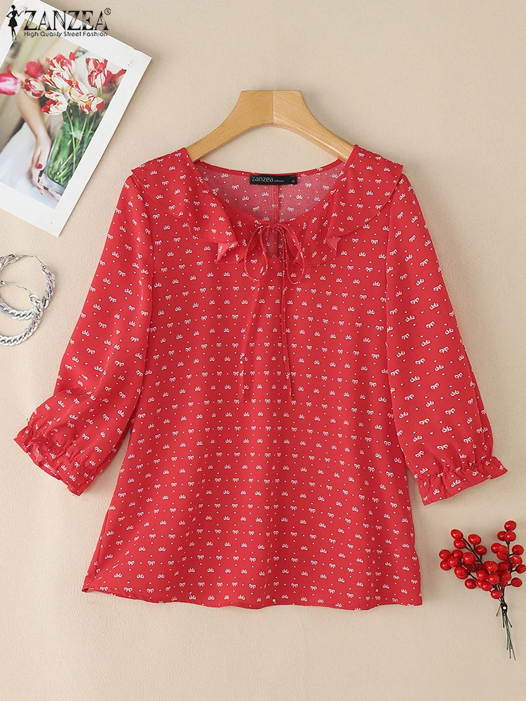 Zanzea babados guarnição blusas mulher moda o pescoço 3/4 puff manga arco estampas blusas mujer 2025 verão casual chemise femme