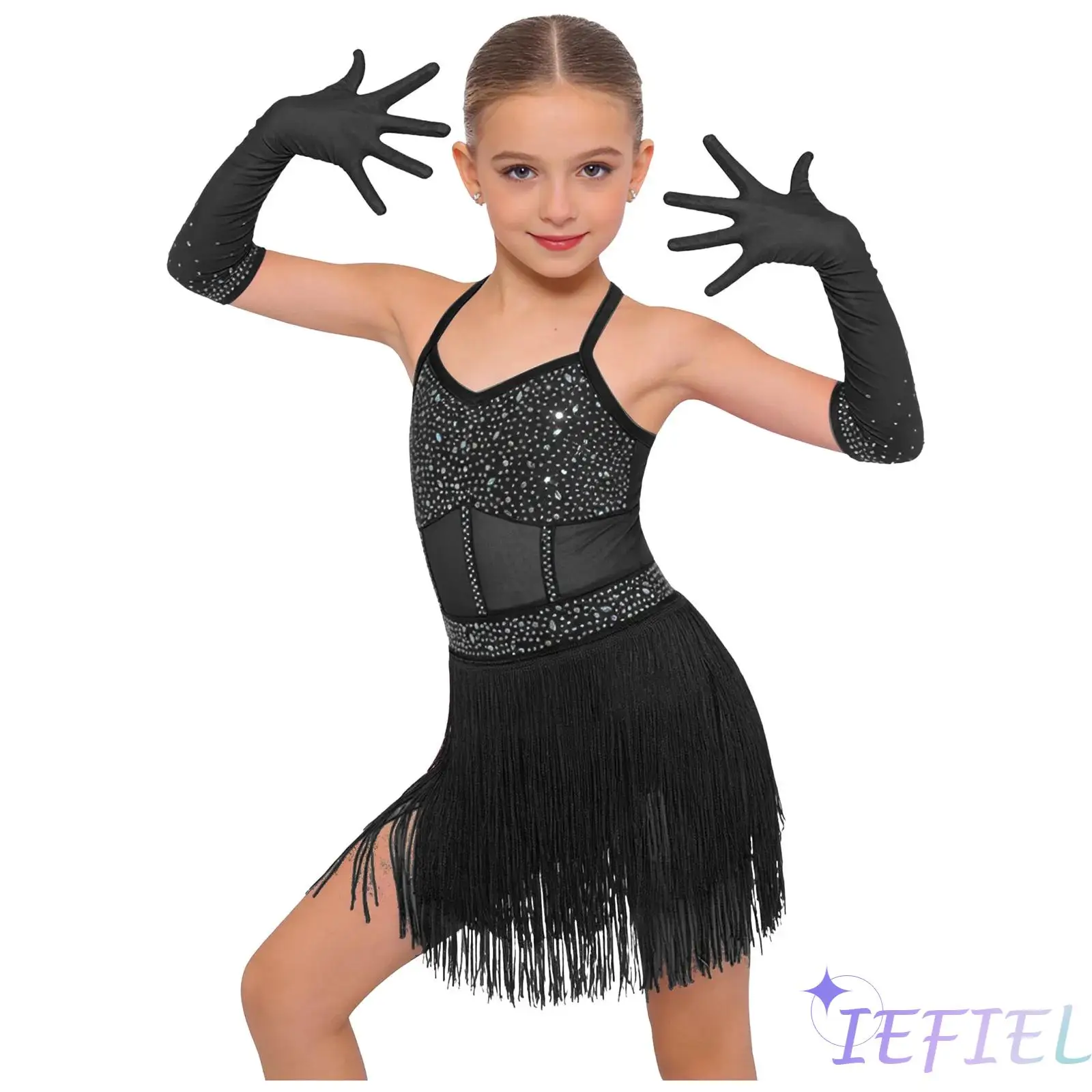 

2Pcs Children Girls Latin Ballet Dance Outfit Cross Back Mesh Patchwork Tiered Tassel Salsa Samba Leotard with Gloves Dance Wear