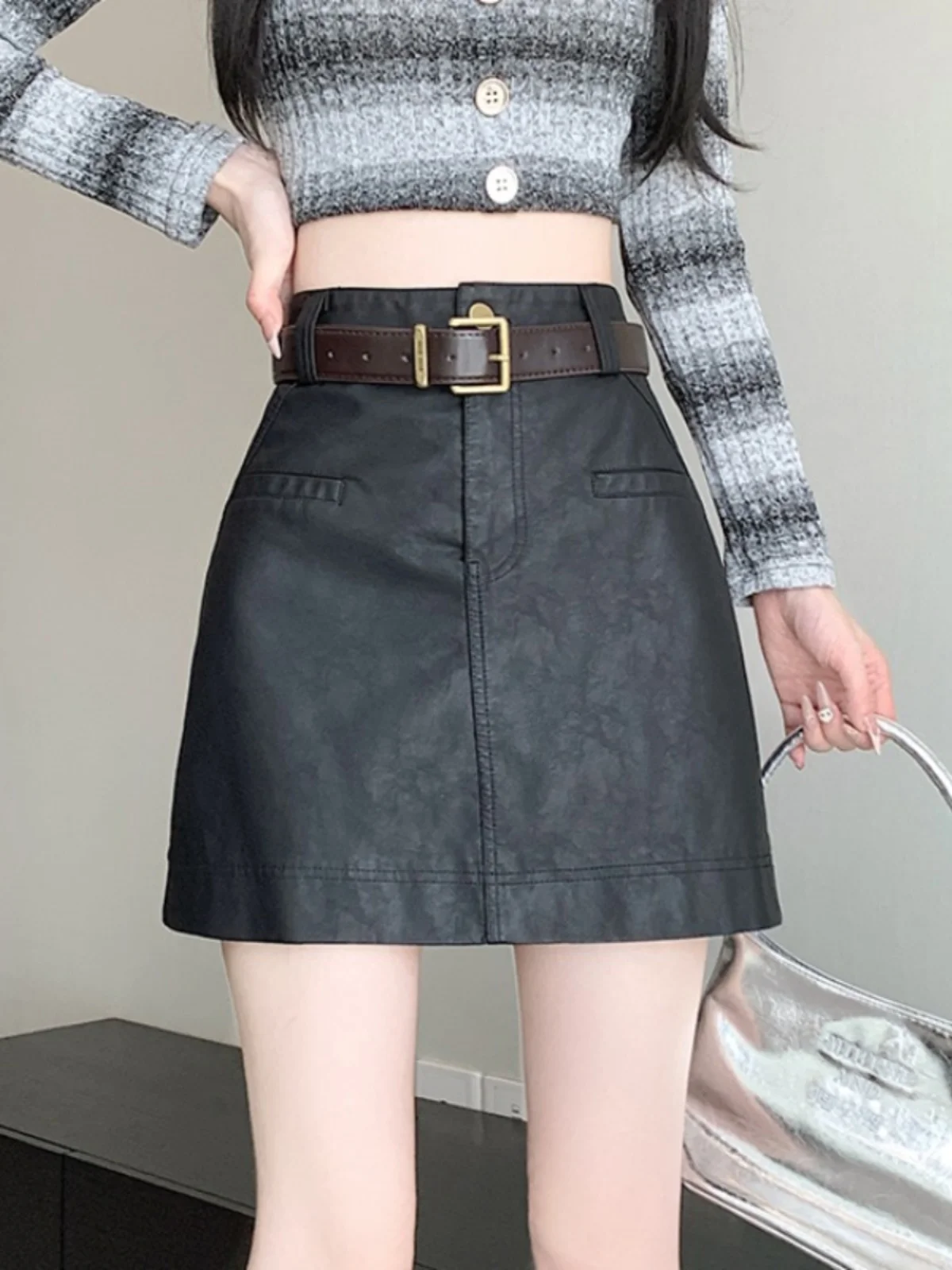 

Американская женская юбка-трапеция из искусственной кожи с завышенной талией, модная универсальная юбка-обертка для осени, зимы и весны