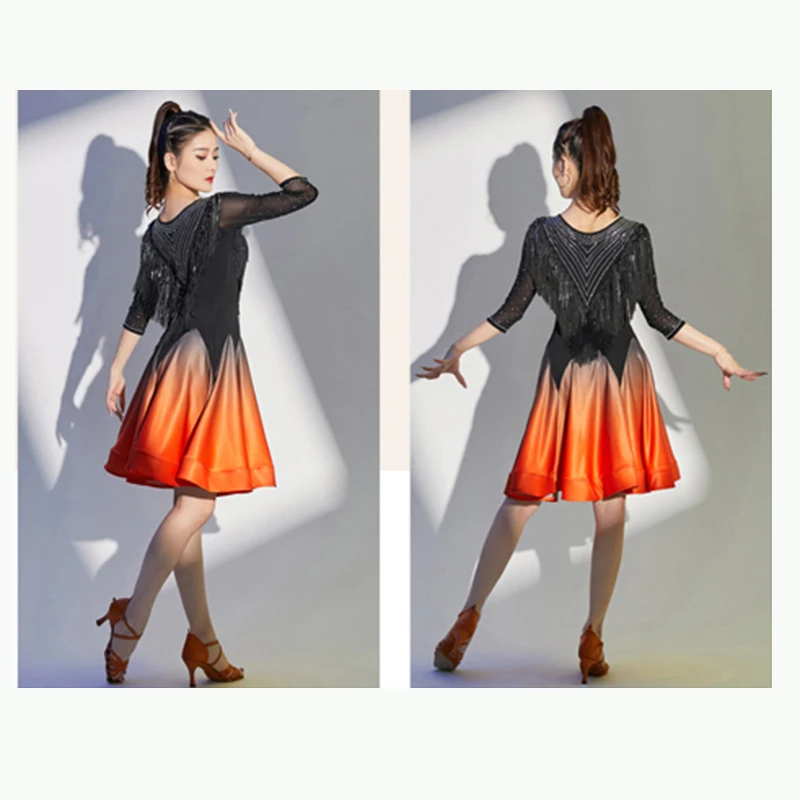 Competition One-Piece Latin Dance Dresses Women Salsa Samba Stretchy Dress Half Sleeves Girls Fringes Costume Satin Skirt