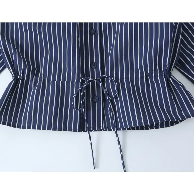 Women's bow tie fastening Striped Blouse With Lace-Up Autumn High-Neck Long Sleeve Button Women's Blouses Casual Female Shirts 3