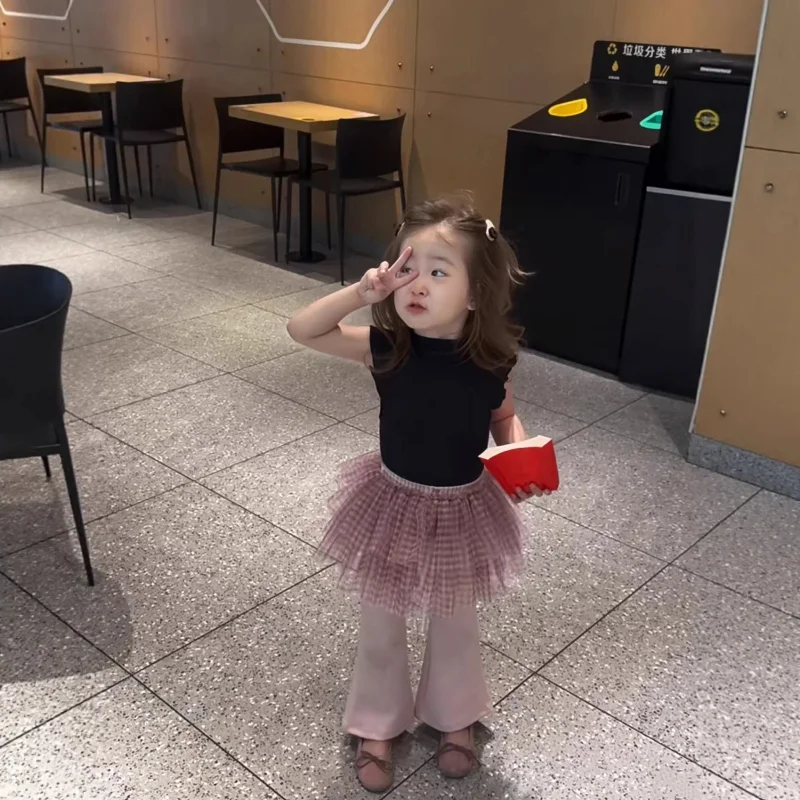 

Korean children's clothing girls' set2026Spring and summer new children's pure cotton vest with pink plaid back panel and casual