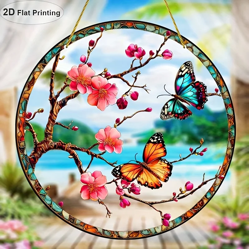 2D Flat, 1pc 2D Flat Print Plum Blossom Butterfly Sun Catcher, 20.32×20.32 cm Acrylic Stained Glass Window Hanging, Spring Garde 2D Flat, 1pc 2D Flat Print Plum Blossom Butterfly Sun Catcher, 20.32×20.32 cm Acrylic Stained Glass Window Hanging, Spring Garde