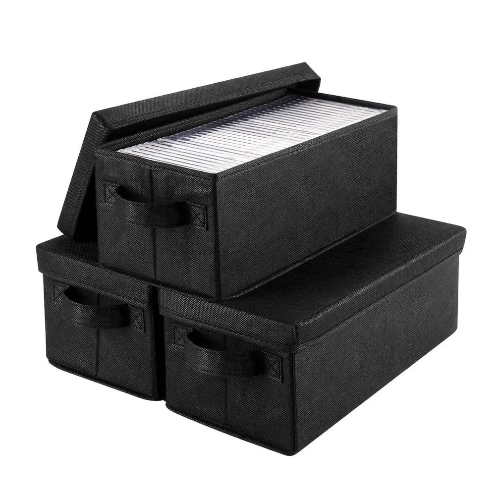 Black Oxford Fabric CD Storage Box Holds Up To 35 Full Jewel Cases With Sturdy Handles For Easy Transport And Stackable Design