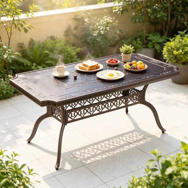 Outdoor Cast Aluminum Rectangular Retro Dining Table Patio Chessboard Engraved Long Table Waterproof Rust Proof