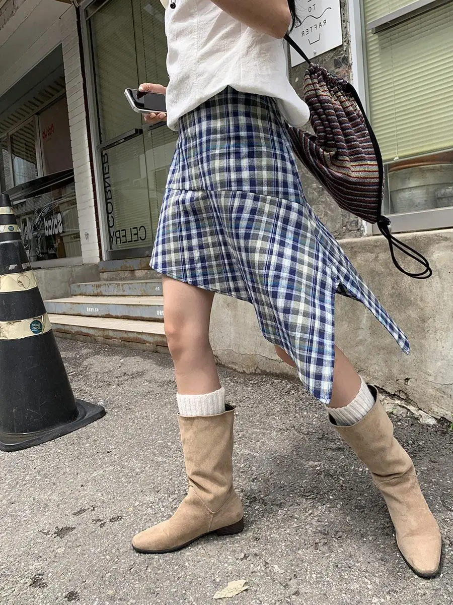 

Women's Plaid A-line Skirt Vintage 90s Aesthetic Y2k Mini Skirt Harajuku Korean Elegant Asymmetrical Skirts 2000s Clothes Summer