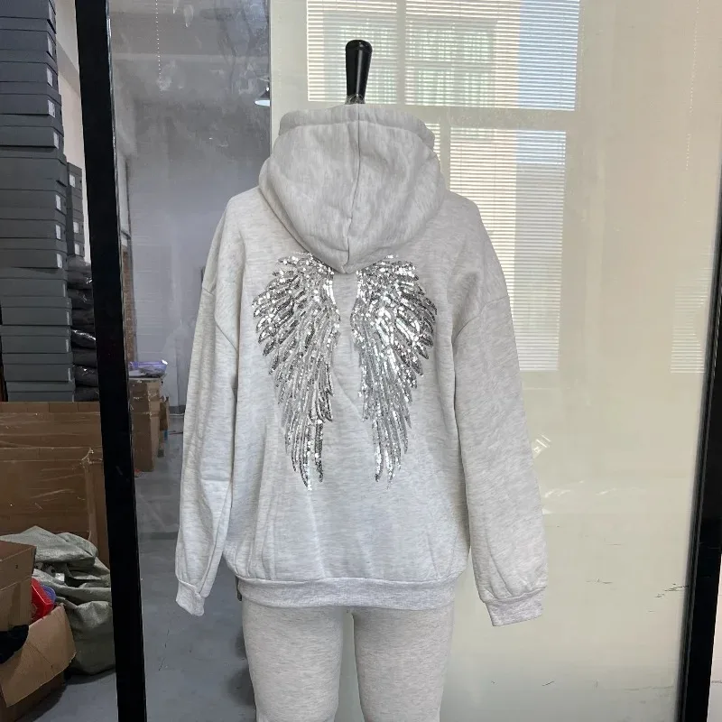 

Новые повседневные женские худи с пайетками и крыльями ангела, шикарные свободные пуловеры с длинными рукавами, готическая уличная одежда для женщин