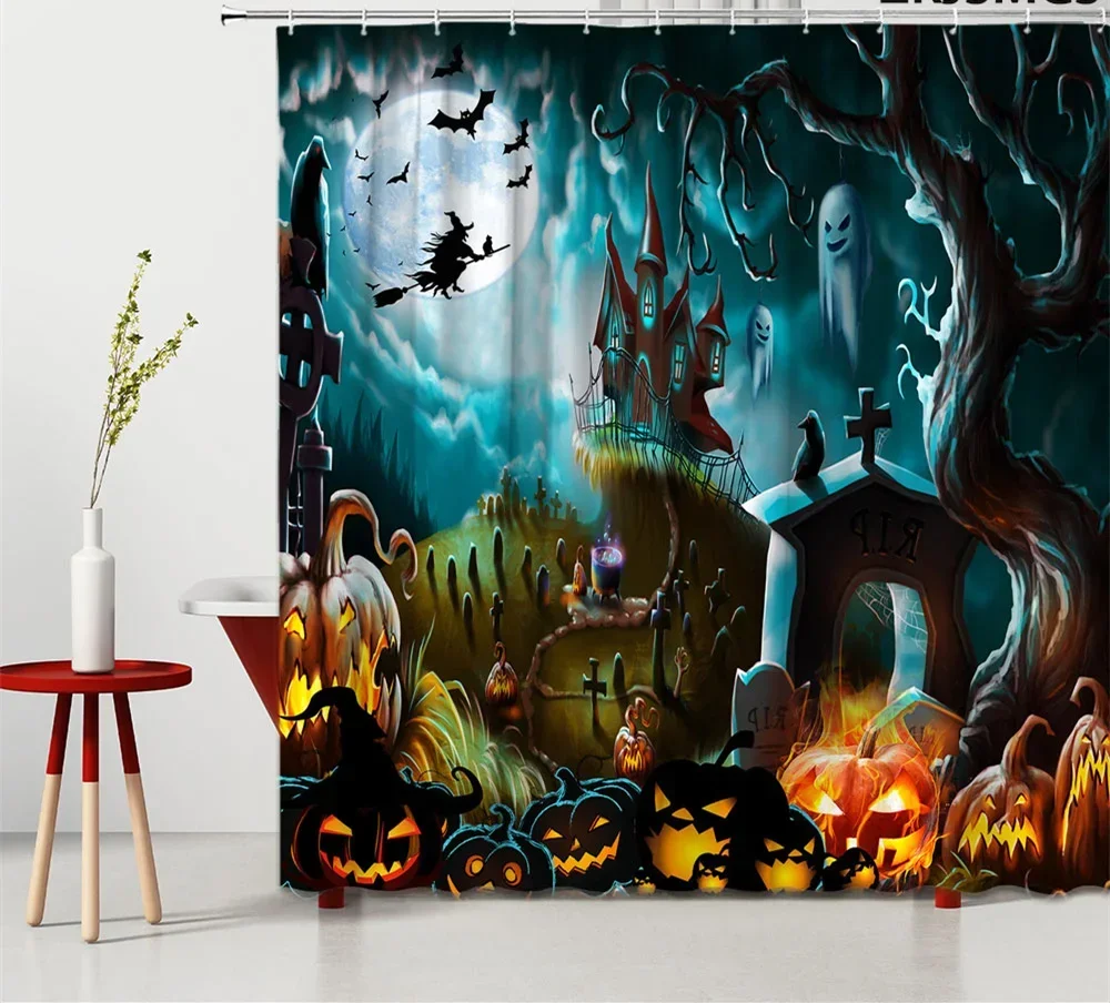 Horror Halloween Shower Curtain Scary Pumpkin in Full Moon Night Shower Curtain Set for Bathroom Crow Skull Fabric Bath Curtain