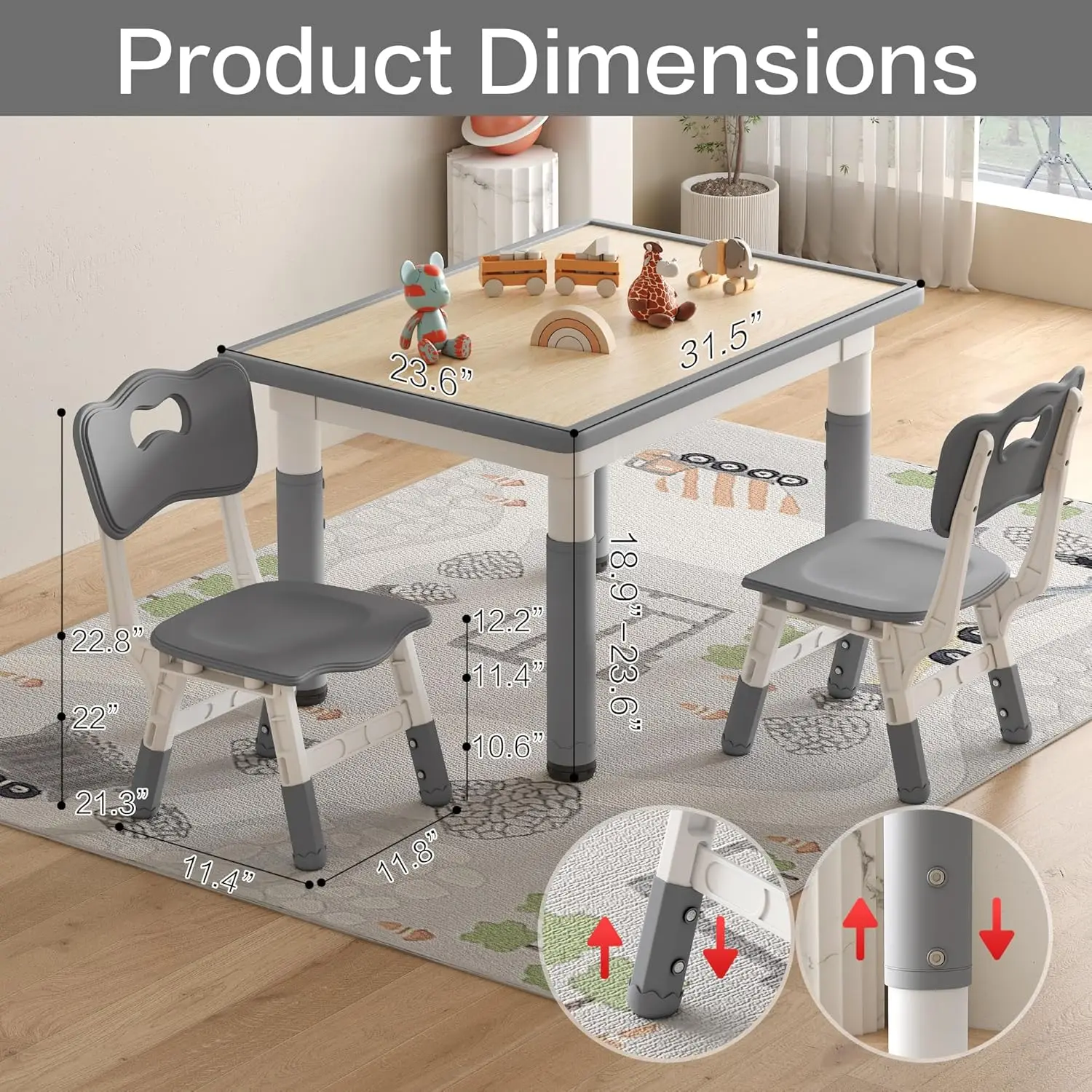 Table et chaises réglables pour enfants, table graffiti pour tout-petit, 4 chaises, 31.5 po L x 23.6 po W, recommandé pour la lecture