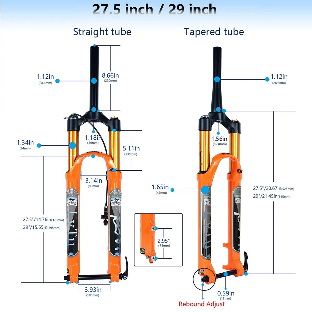 Rebound Adjust Mountain Bike Fork, Air Shocks, Orange for XC, FR, AM, MTB, Travel 130mm, 27.5 in, 29in, 15mm × 100mm Axle