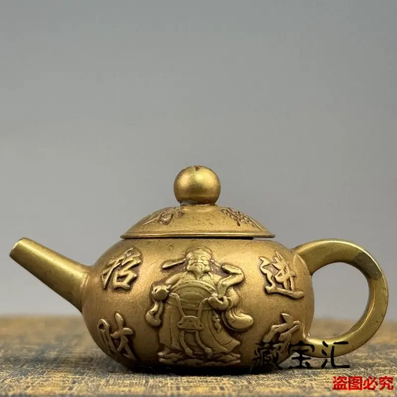 Antique Mini Copper Teapot Statue Five Wealth Gods Brass Solid Hand Piece Attract Wealth Pendant Decor