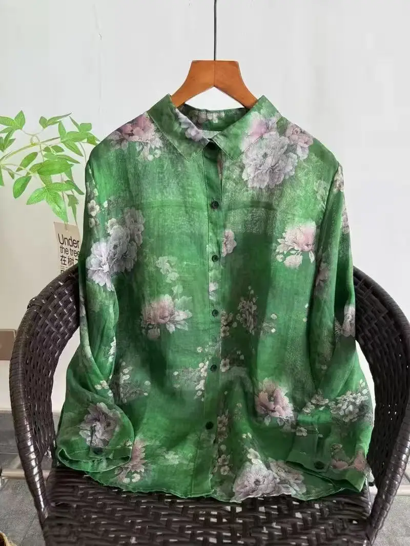 2027 Women's 100% Ramie Linen Shirt Green Base Large Peony Floral Print Loose Long Sleeve Tops Blouse Vintage Clothing