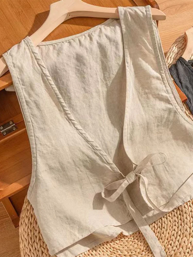 

Women's Cotton Linen Vest Top Svel Belted Summer Commute Pure Color V-ne Workwear Sle Faion Outerwear