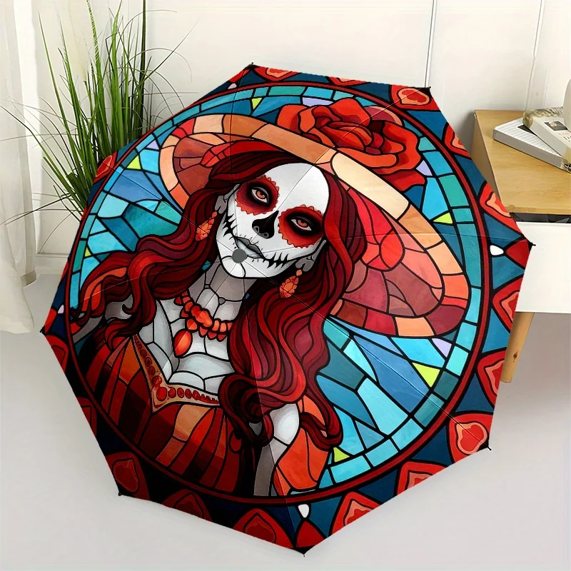 

Мексиканский зонт с изображением сахарного черепа - дизайн La Calavera Catrina с цветочными узорами, автоматическое открытие/закрытие, 8-спицевый, компактный, 3 сложения.