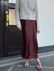 Clacive Mode Losse Wijnrode Satijnen Rok Voor Vrouwen 2025, Casual Hoge Taille Midi Rokken Elegante Klassieke Patchwork Rok Vrouwelijke