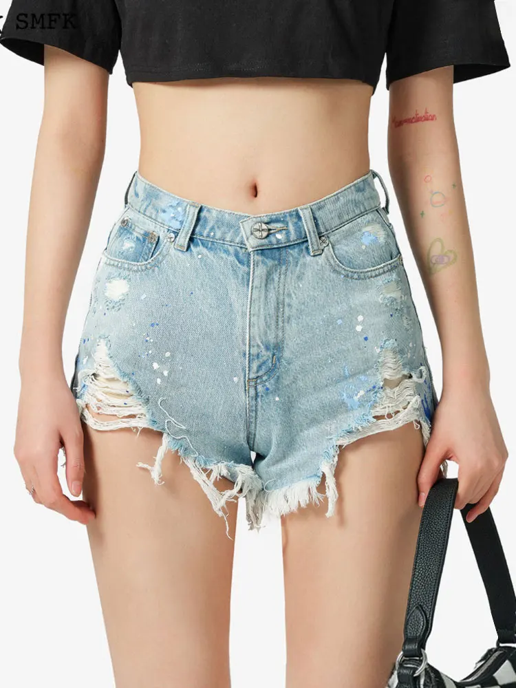 

SMFK Hand-painted Tassel Hole Denim Shorts Women's High Waist Short Jeans Speckle Ink Cross Flower Summer Female Casual Short