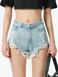 SMFK-pantalones cortos de mezclilla pintados a mano para mujer, Vaqueros cortos de cintura alta con borlas cruzadas de tinta, pantalón corto informal de verano para mujer