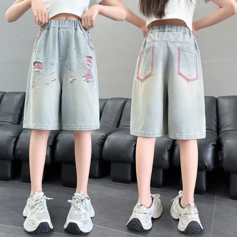 

Kids Ripped Denim Shorts with Hole For Girls Casual Summer Graffiti Design Broken Short Pants Child Cool Drawings Bottoms 5-14Y