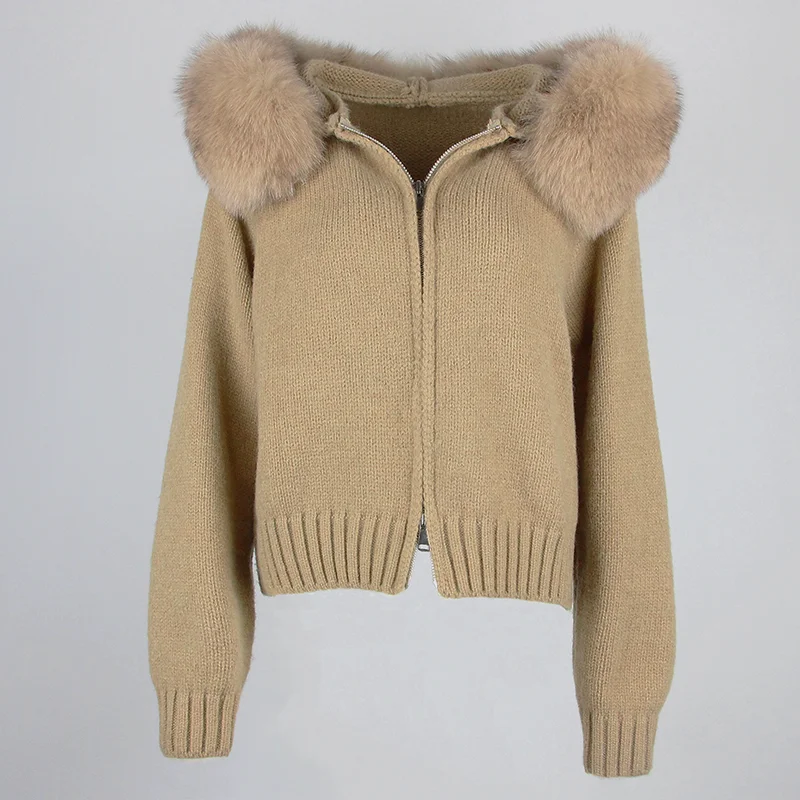 Płaszcz kardigan z naturalnego futra dla kobiet 2024 Moda Jesień Zima Casual Hooded Real Fox Fur Collar Fashion Krótka kurtka z dzianiny