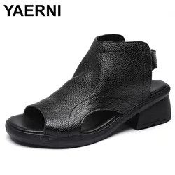 YAERNI Thick Heel Gladiator Sandals For Women Summer Shoes Retro Handmade Genuine Leather Open Toe Casual Sandals Woman