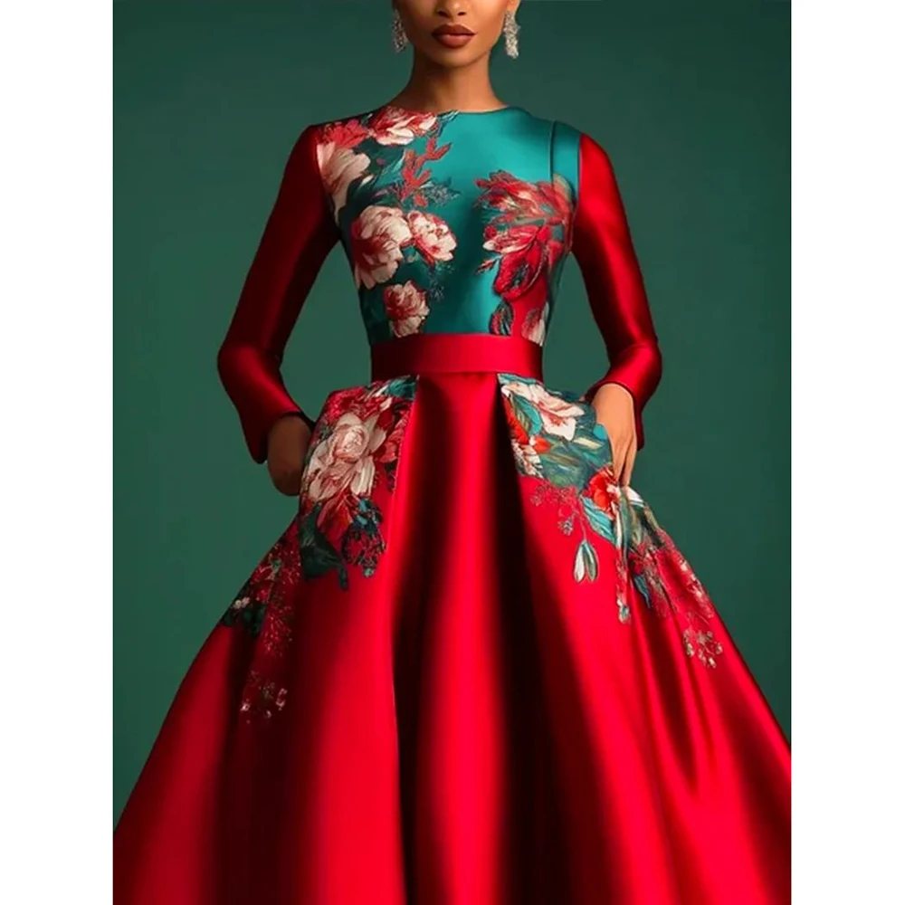 プラスサイズ サテン チャイナ風 レディース ワンピース クルーネック 花柄 プリント ウェディング エレガント パーティー ミディ丈 ドレス 長袖 イブニングドレス