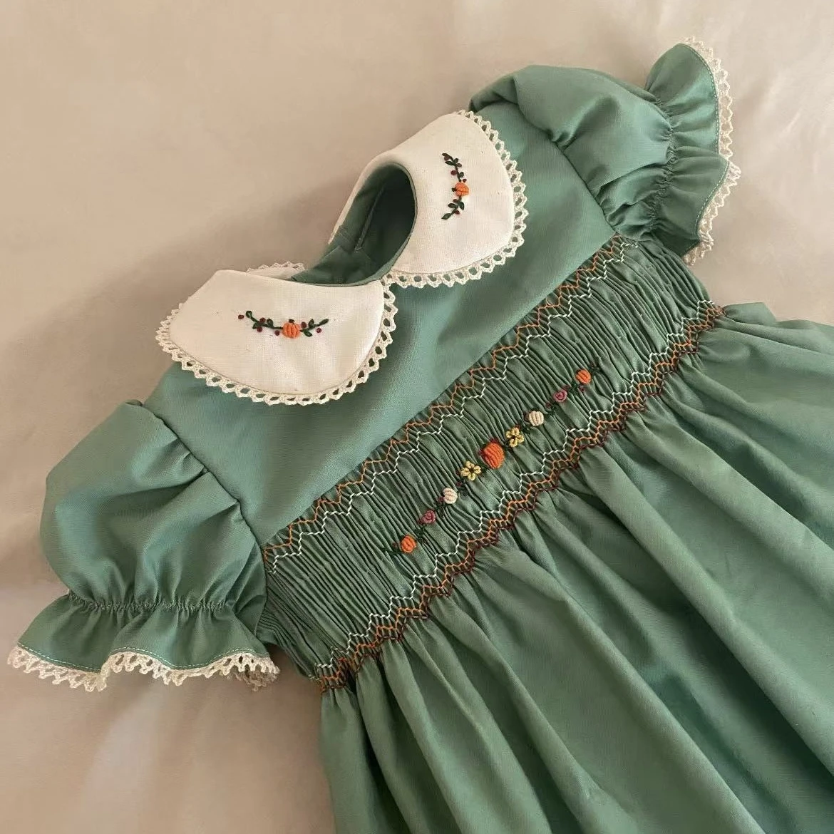 0-12Y Baby Girl Summer Pumpkin Handmade Embroidery Smocked Vintage Princess Green Dress for Birthday Holiday Eid Christmas A316
