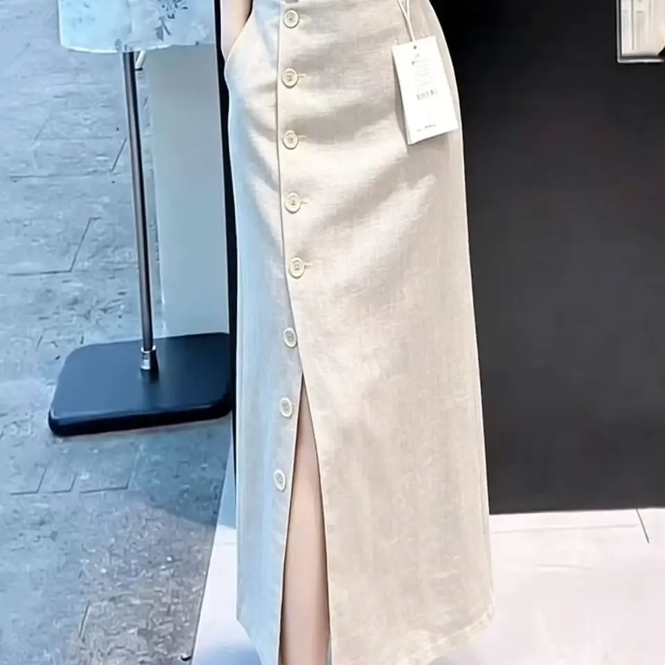 Elegant High Waist Single Button Asymmetrical Skirt Women's Commuter Style Slimming Straight Long Skirt Summer New Arrival