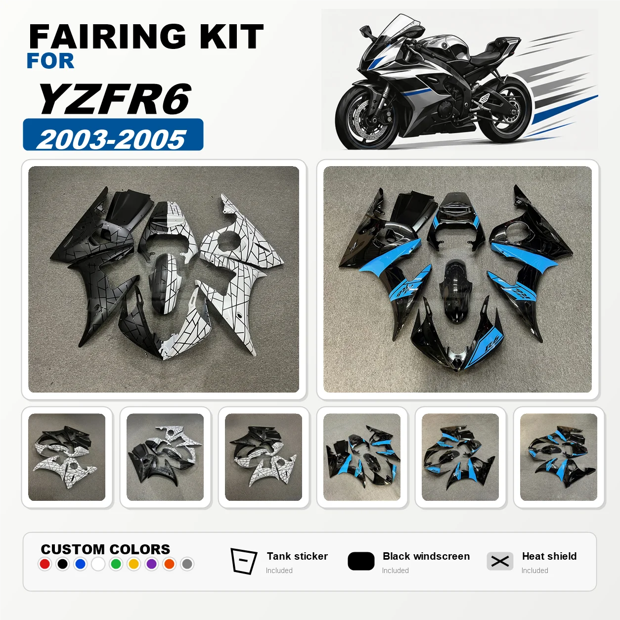 Fairing Set 2003 2004 2005 YZFR6 Aftermarket ABS Plastic Fairings Body Parts Kit for 03 04 05 YZF R6