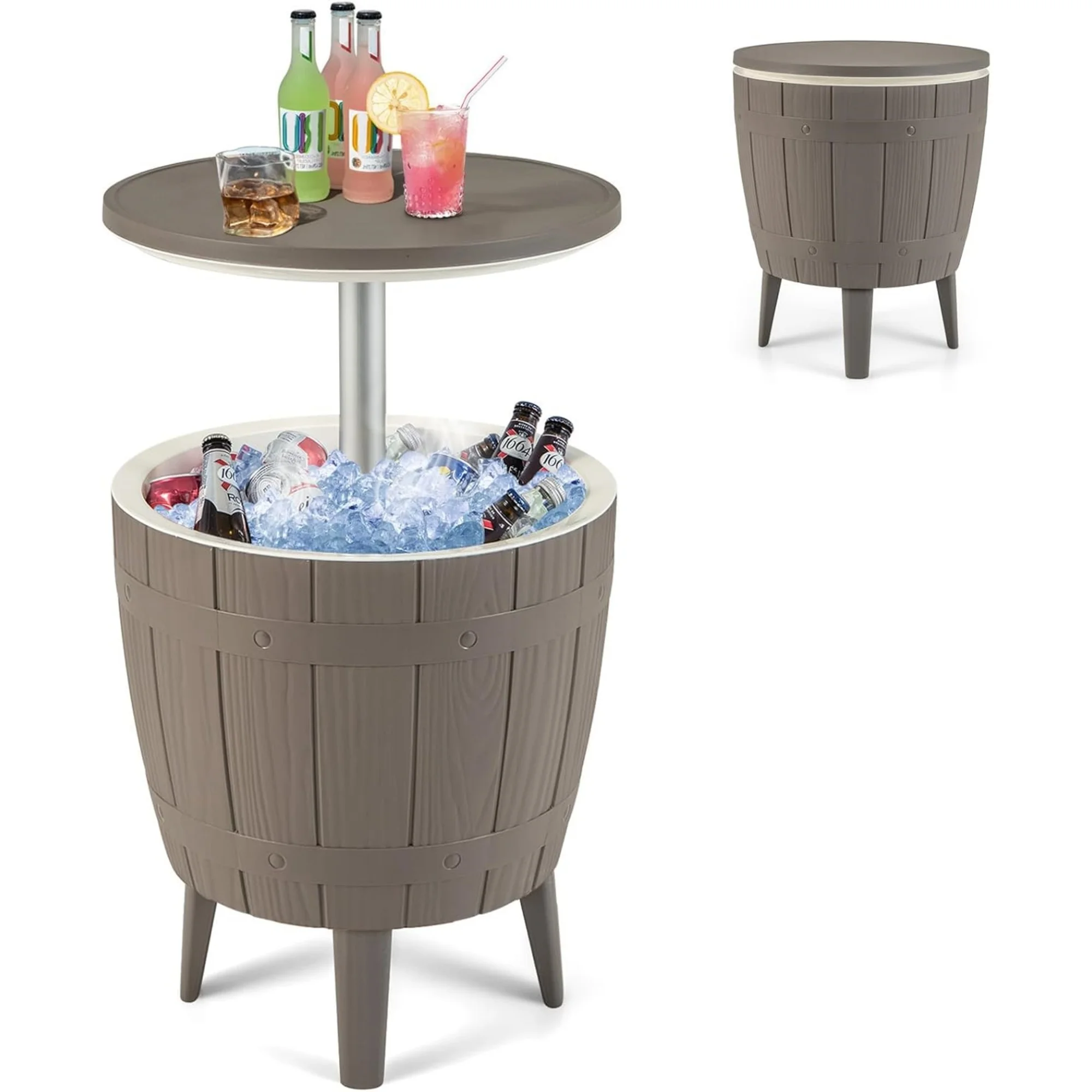 Cooler Side Table Outdoor, 10 Gallon Ice Cooler with Drainage Plug, Adjustable Height, 3-in-1 Cocktail Patio Par Table for Beer Wine Storage, Deck Pool Backyard Party, Taupe (Wood-Style)