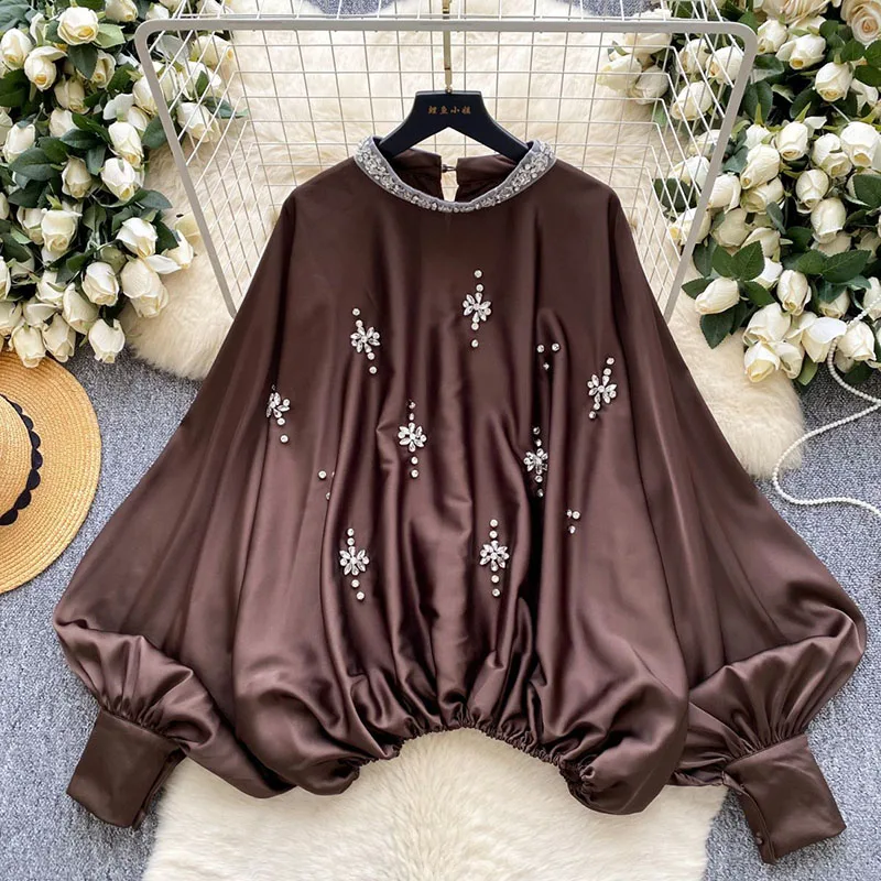 Diamonds Beading Satin Shirt Batwing Sleeves Stretchy Waist O Neck Aesthetic Blouse Feamle Senior Glamorous Gala Top