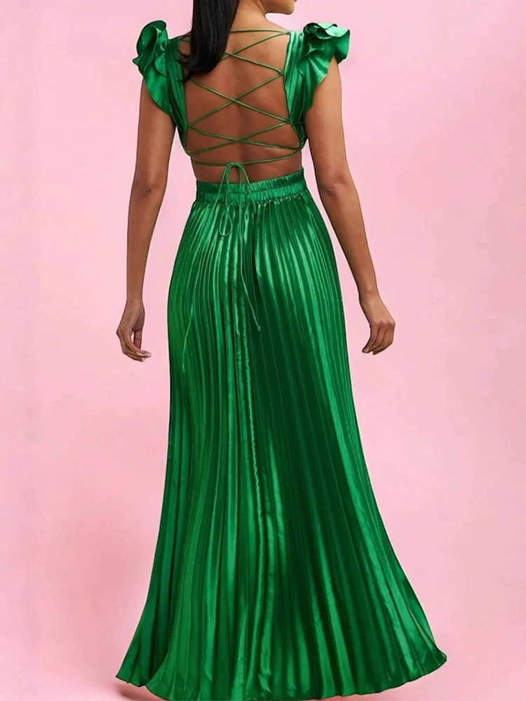 سيدة الموضة ثنيات الخصر سوينغ فستان طويل مثير عارية الذراعين ضمادة الدانتيل متابعة ثوب مجوف أنيق الخامس الرقبة بلا أكمام فستان الحفلات الصلبة #4