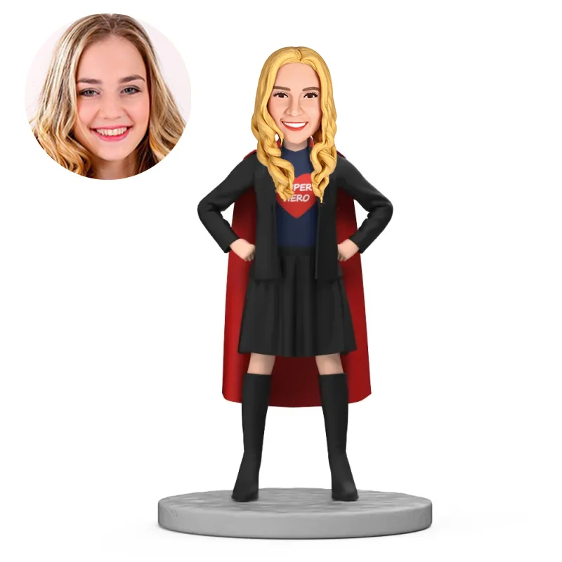 Custom Female Super Hero Wearing Black Suit and Red Cape Custom Bobblehead with Engraved Text