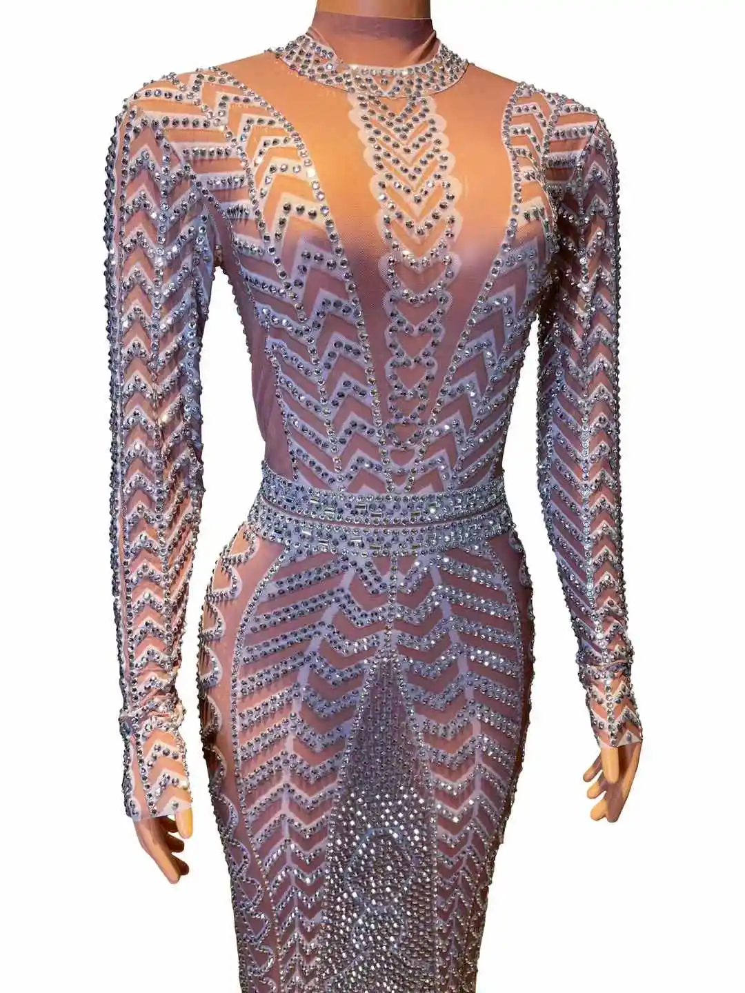 Sparkly Rhinestones Sexy Mesh Transparent Long Sleeves Prom Birthday Celebrate Party Evening Dress for Women Photo Shoot Wear