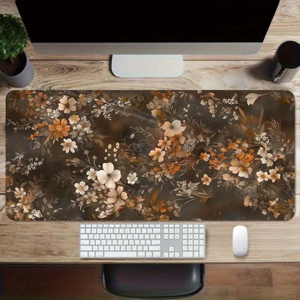 Vintage Warm-Toned Floral Large-Sized Gaming Mouse Pad - Brown Aesthetic Flower Print Extended Table Mat PC Accessories