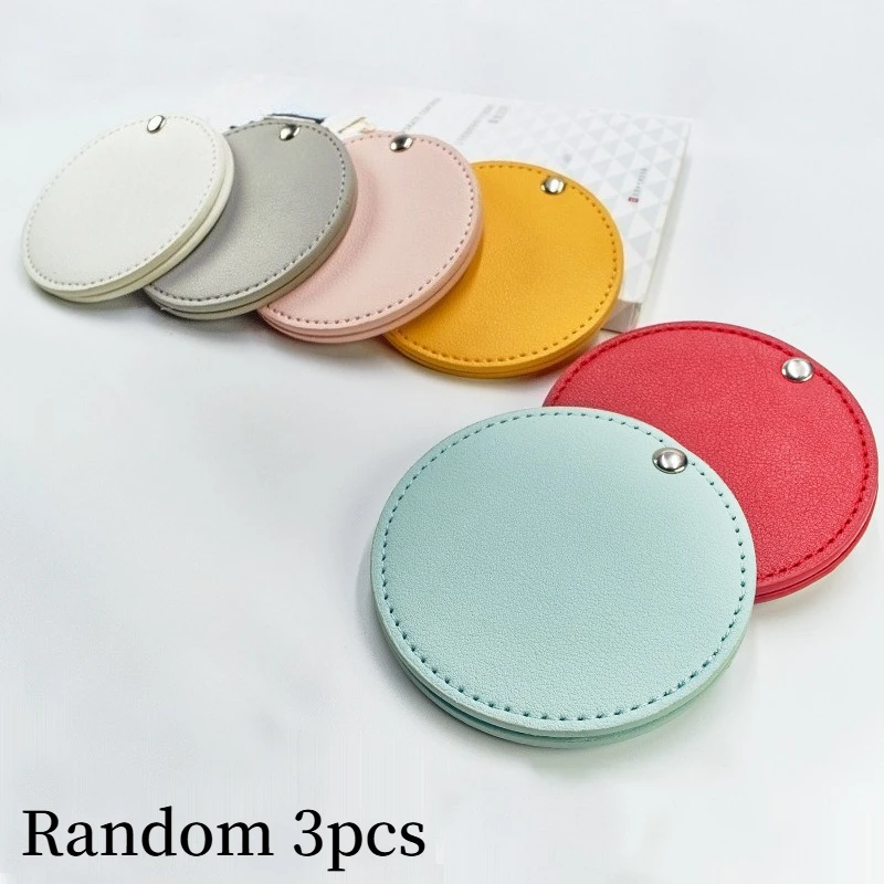 Random 3pcs PU Leather Makeup Mirror Round Ultra-Thin Lightweight Cosmetic Mirror Mini Solid Color Portable Travel Pocket Mirror