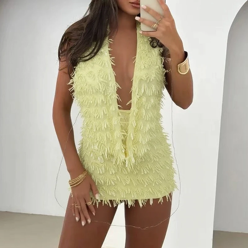 

Summer Simple Solid Color Sleeveless Suit Sexy Backless Slim 2 Piece Set Lady Low Cut V-neck Top + Mini Skirt Club Party Outfit